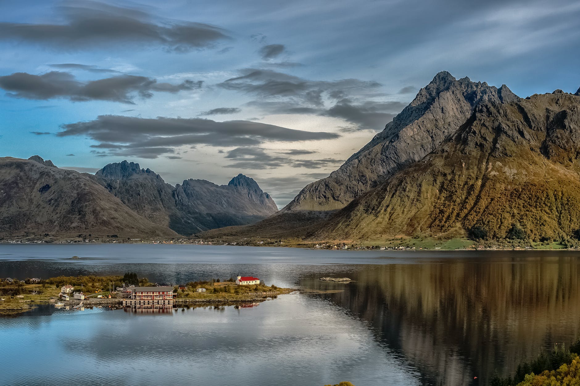 the vestpollen chapel and buildings in austnesfjord lofoten islands norway