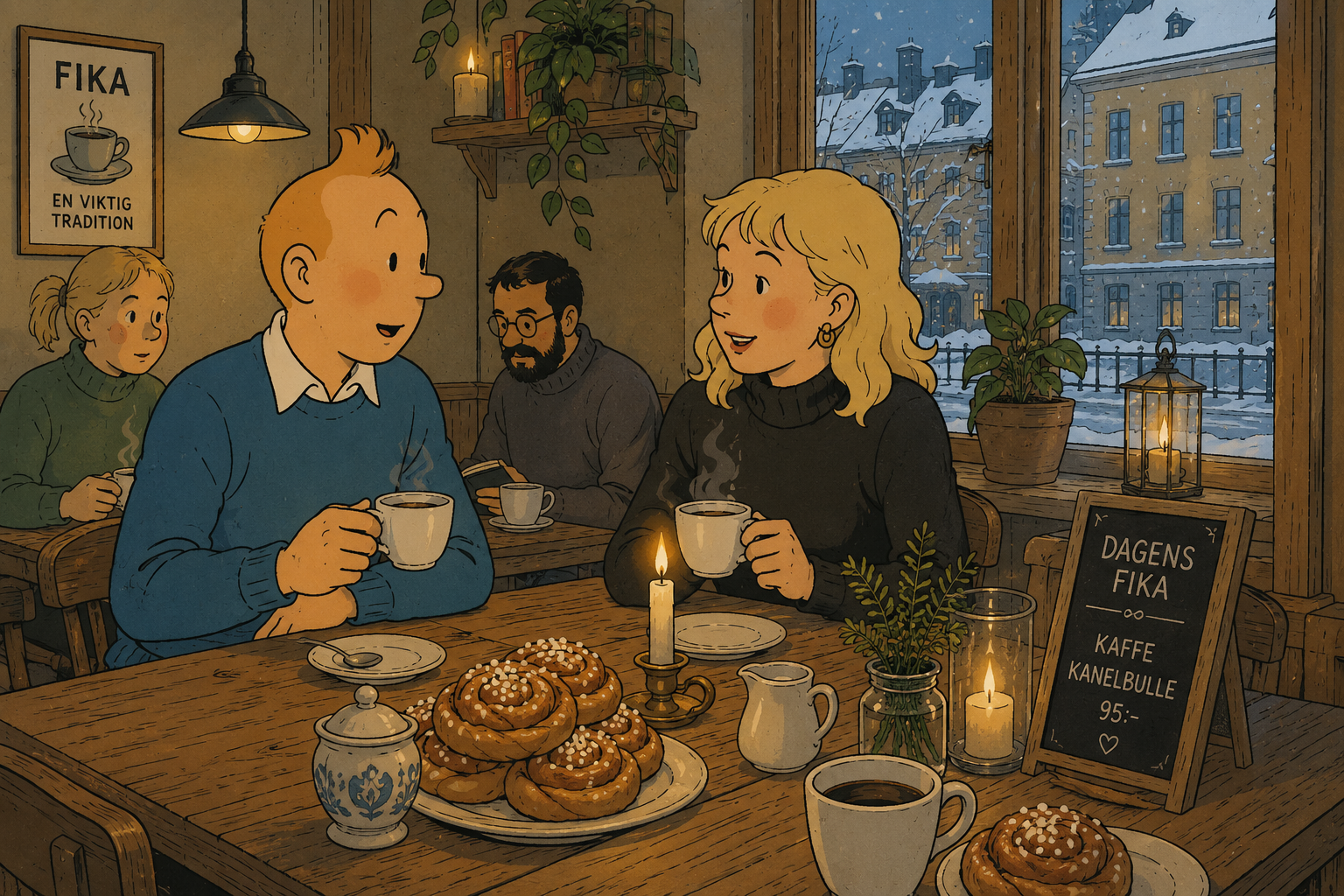 Traditional Swedish Fika Traditional Swedish fika with coffee, cinnamon buns and warm Nordic café atmosphere