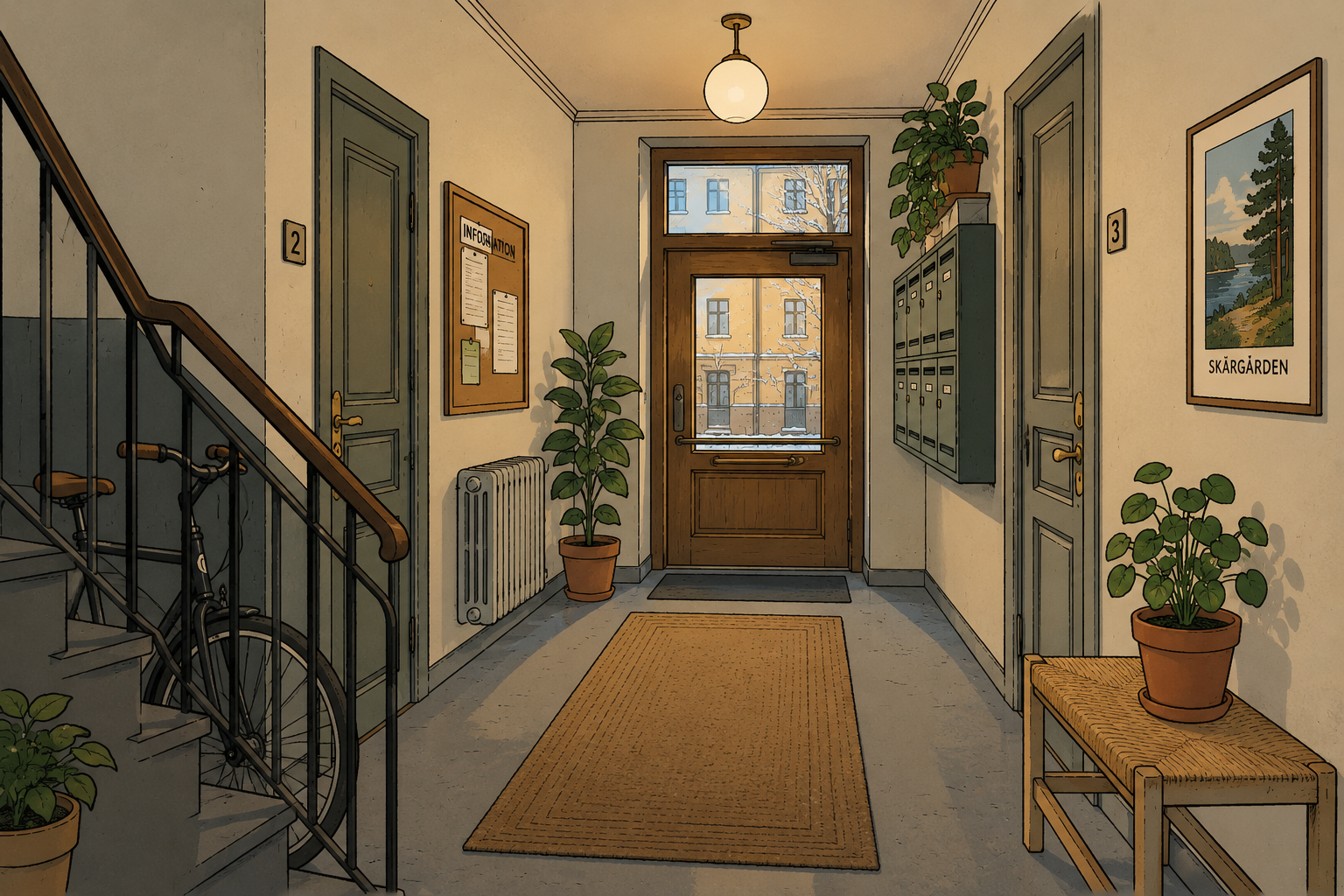 Scandinavian Apartment Hallway Minimal Scandinavian apartment building hallway with clean organised shared spaces