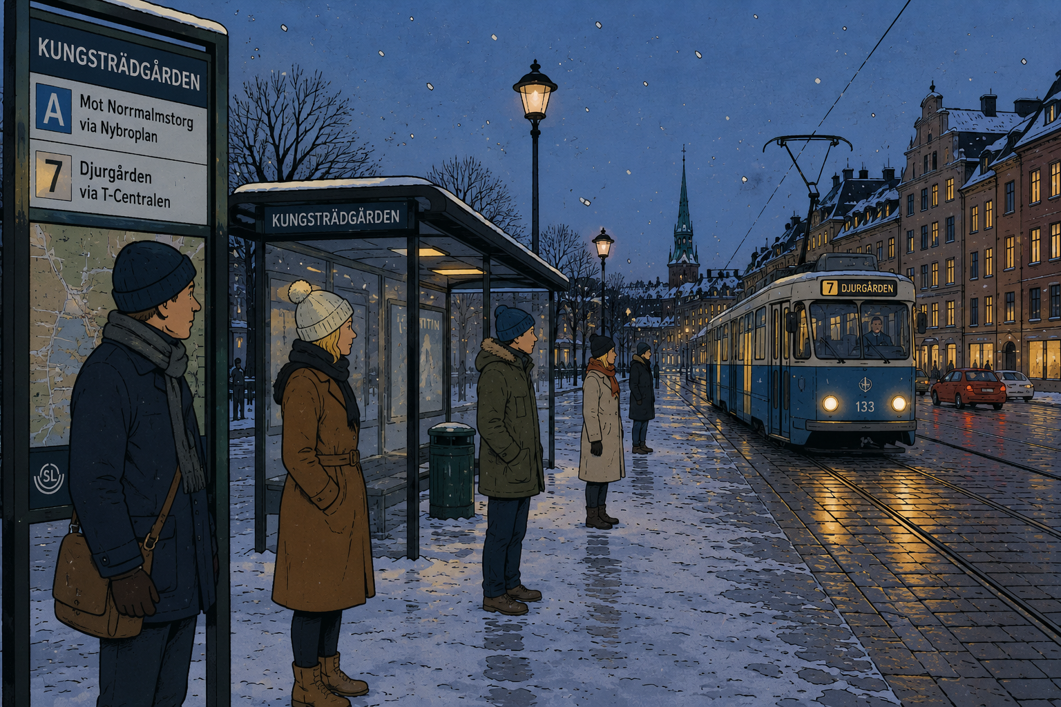 Stockholm Tram Stop In Winter People standing quietly apart at a Stockholm tram stop during winter twilight