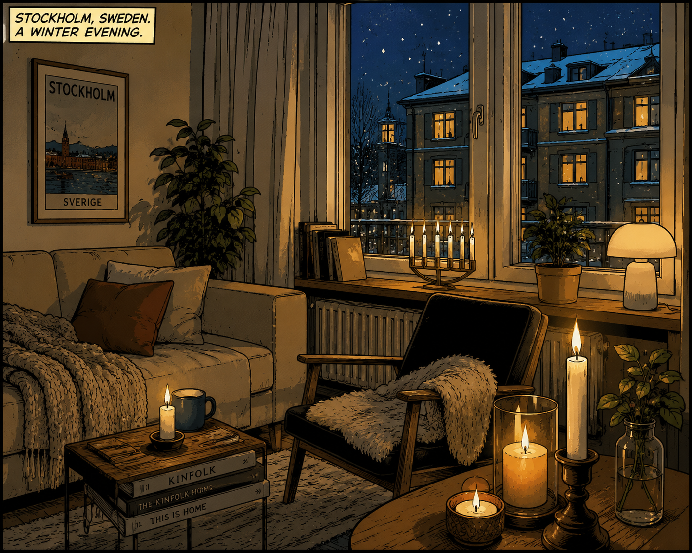 Swedish Winter Apartment Warm candlelit Swedish apartment during dark winter evening with cozy Scandinavian interior