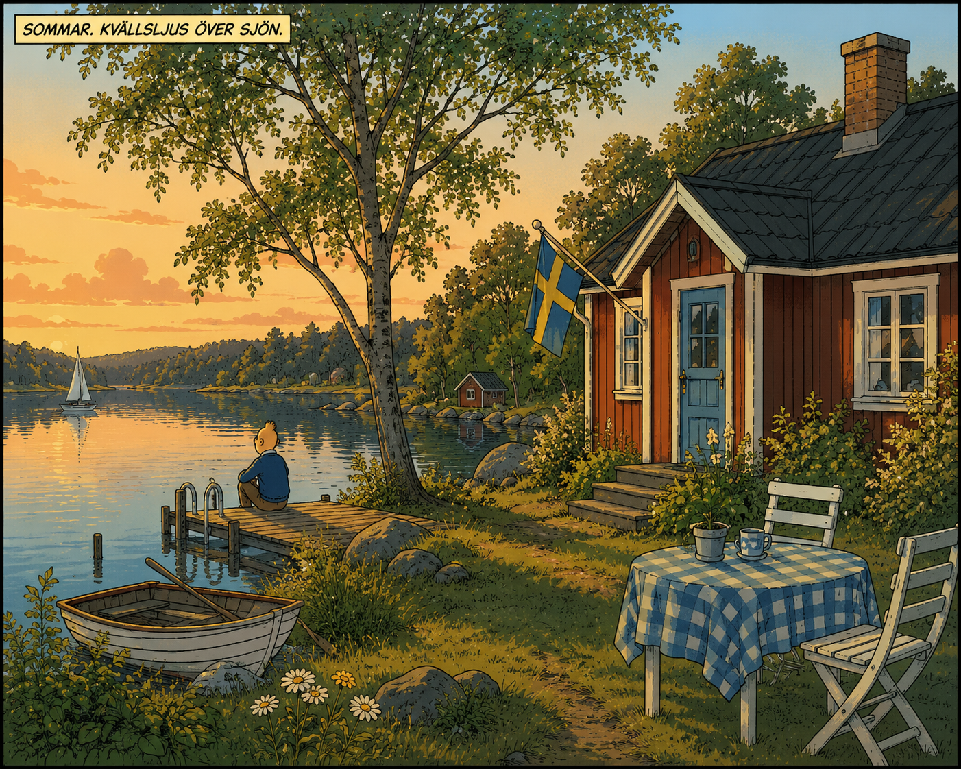 Traditional Swedish Summer Cottage Traditional Swedish summer cottage beside a peaceful lake during golden evening sunlight